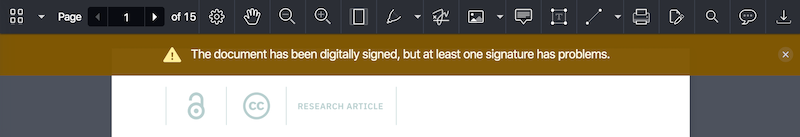 Digital signature validation status bar showing signature with problems