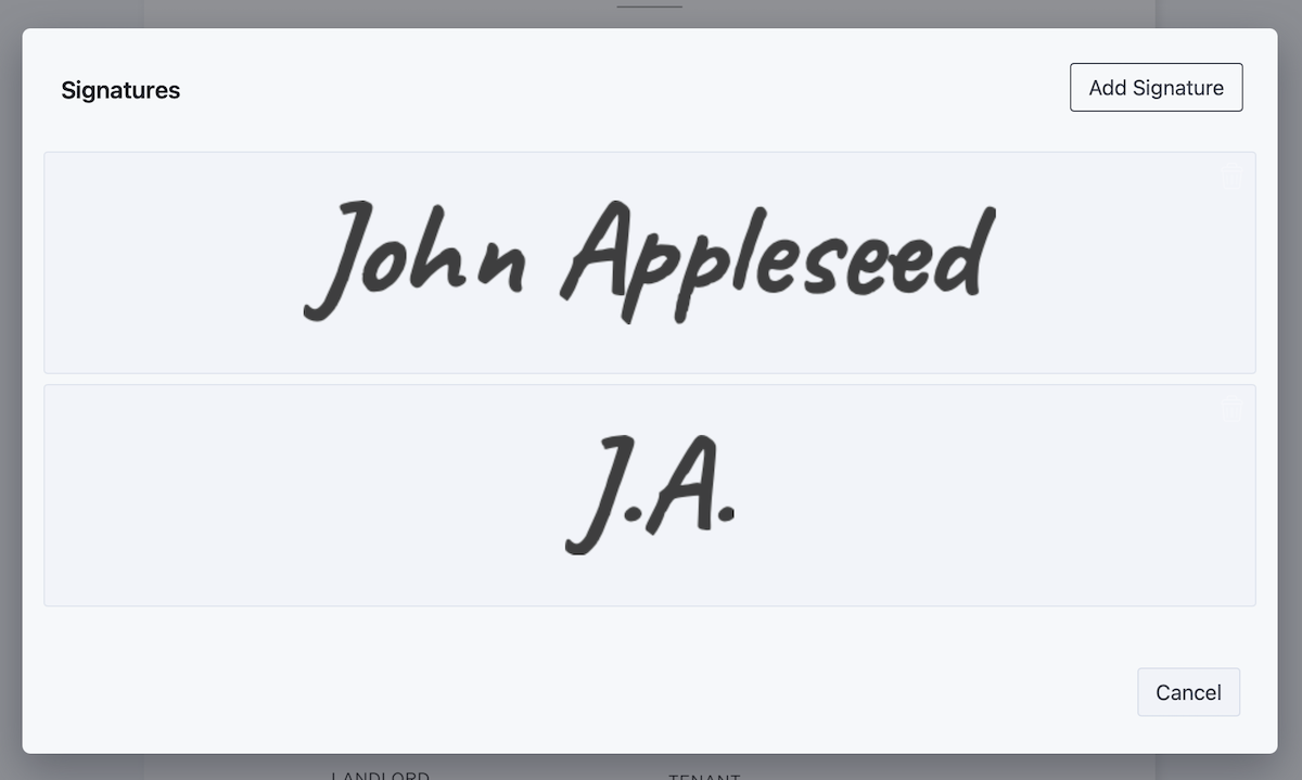 Screenshot showing list with two signatures: John Appleseed and J.A.