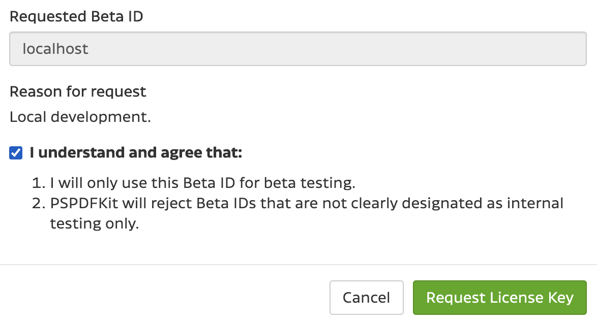 Request License Key for Web Beta usage dialog