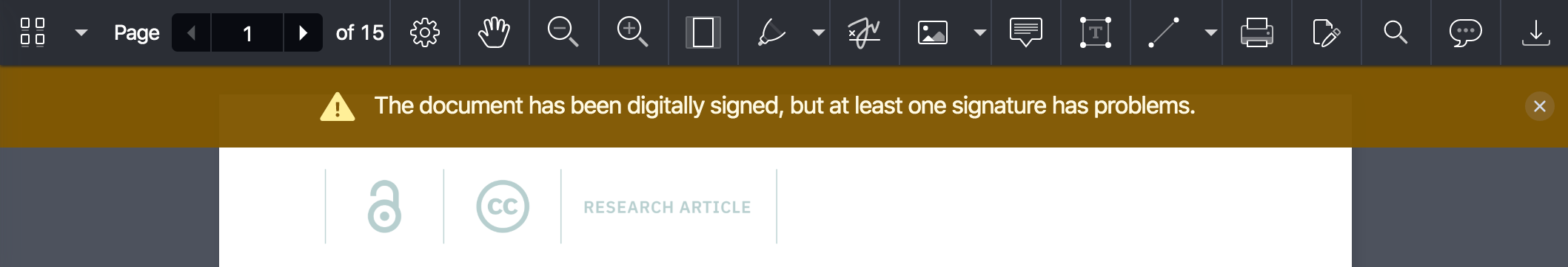 digital signatures validation status bar showing signature with problems