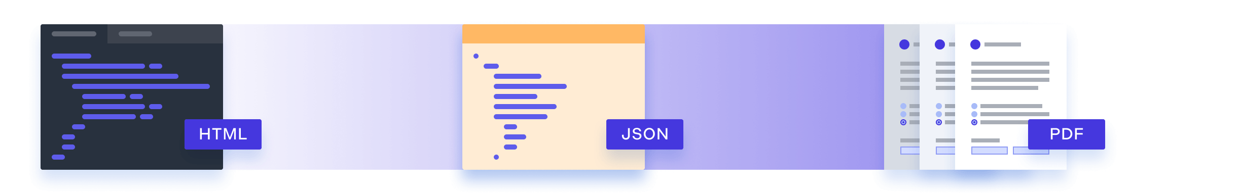 HTML, JSON, and PDF files