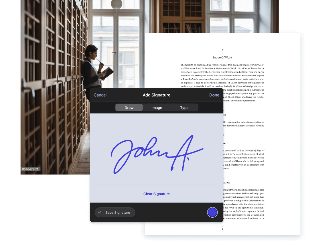 Picture of lawyer in the office and a contract with electronic signatures UI