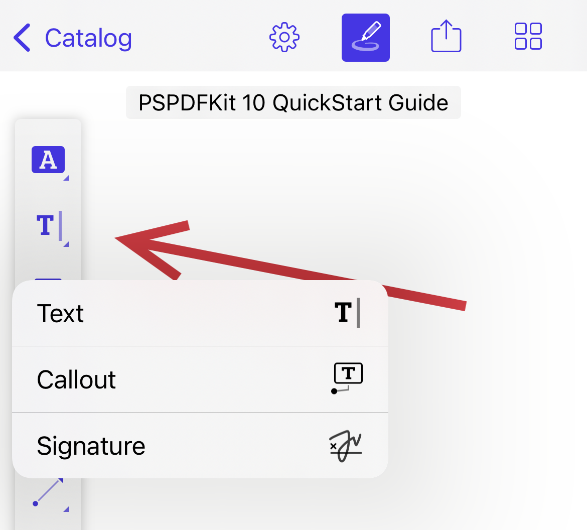 iPhone screenshot showing annotation toolbar with the second group expanded to show Text, Callout, and Signature.