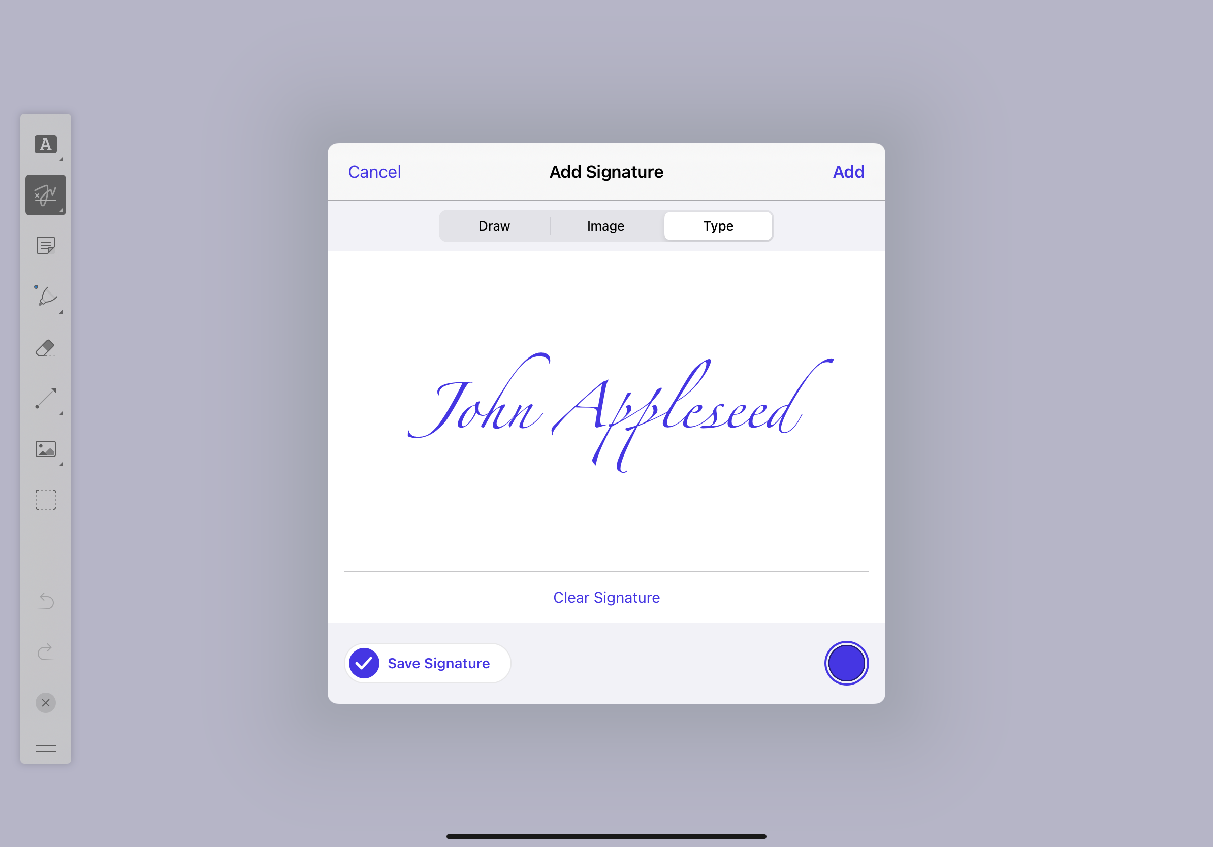 Screenshot of signing UI showing the name John Appleseed in the curly Zapfino font.
