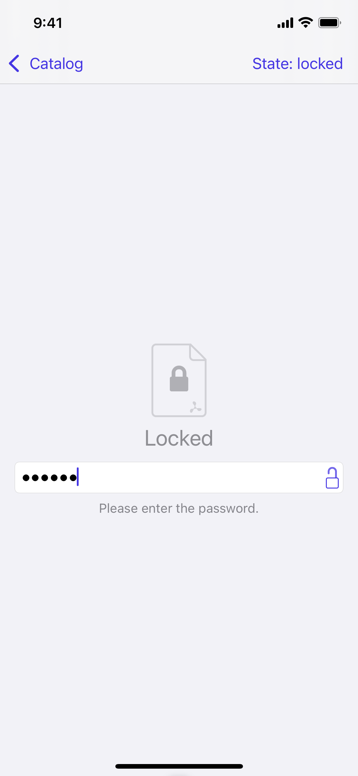 Screenshot of locked state with a password text field. Locked: Please enter the password.