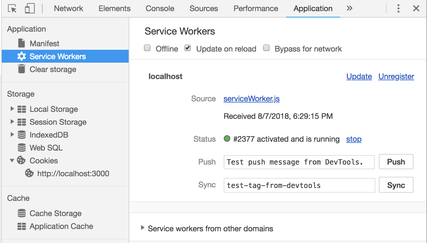 Chrome Developers Tools: Application Tab. Shows the registered Service Worker.